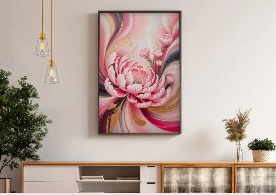 Opulent Garden Radiance Pink Abstract canvas wall art above a wooden sideboard under pendant lights