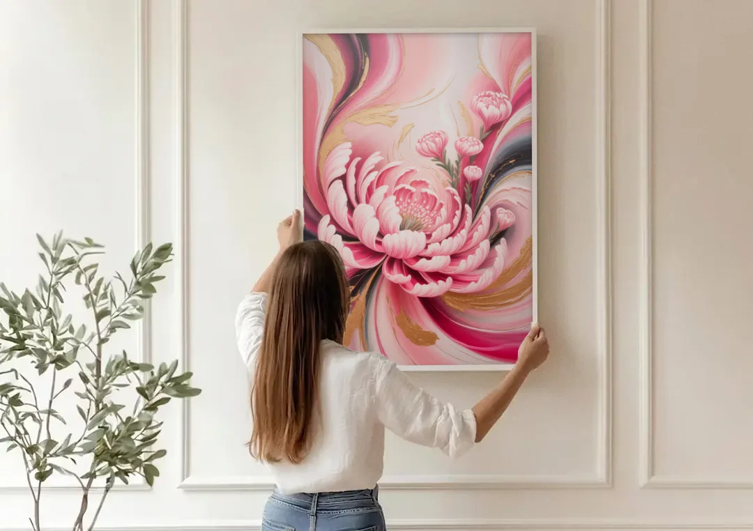 Opulent Garden Radiance Pink Abstract canvas wall art being hung on a paneled wall