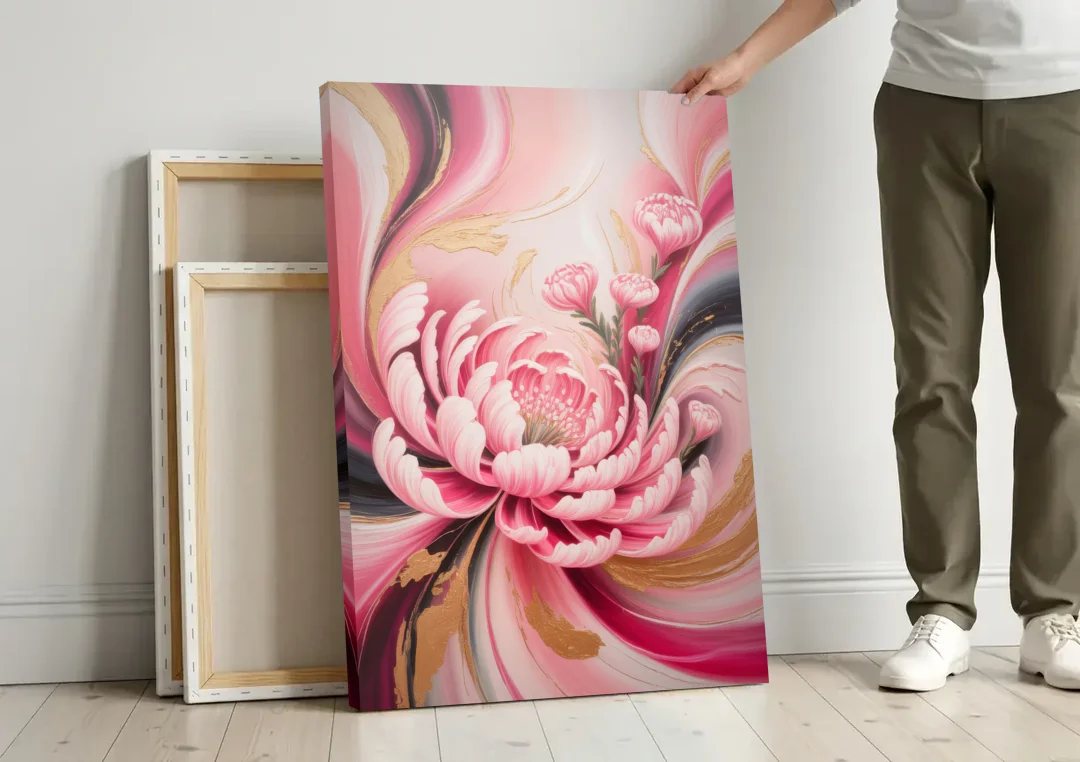 Opulent Garden Radiance Pink Abstract canvas wall art leaning against a wall next to blank canvases