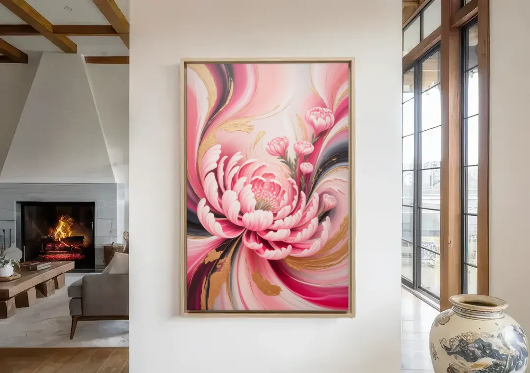 Opulent Garden Radiance Pink Abstract canvas wall art in a living room with a fireplace
