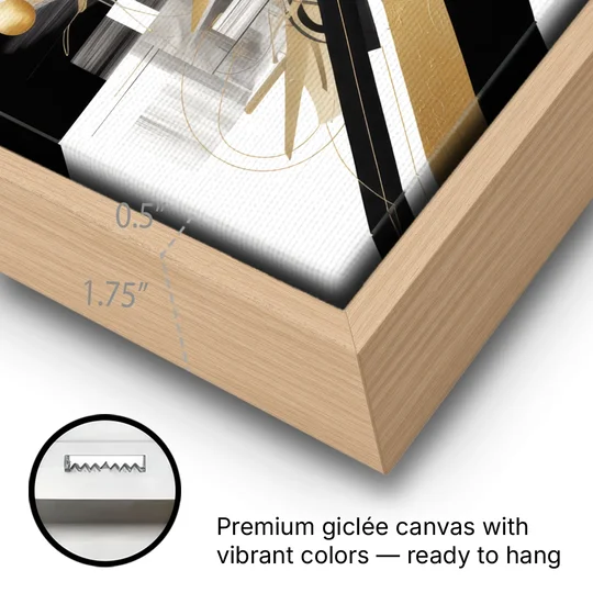 Opulent Geometric Dance Black White and Gold Abstract - Oak Framed Canvas Wall Art - Gallery Wrap Corner