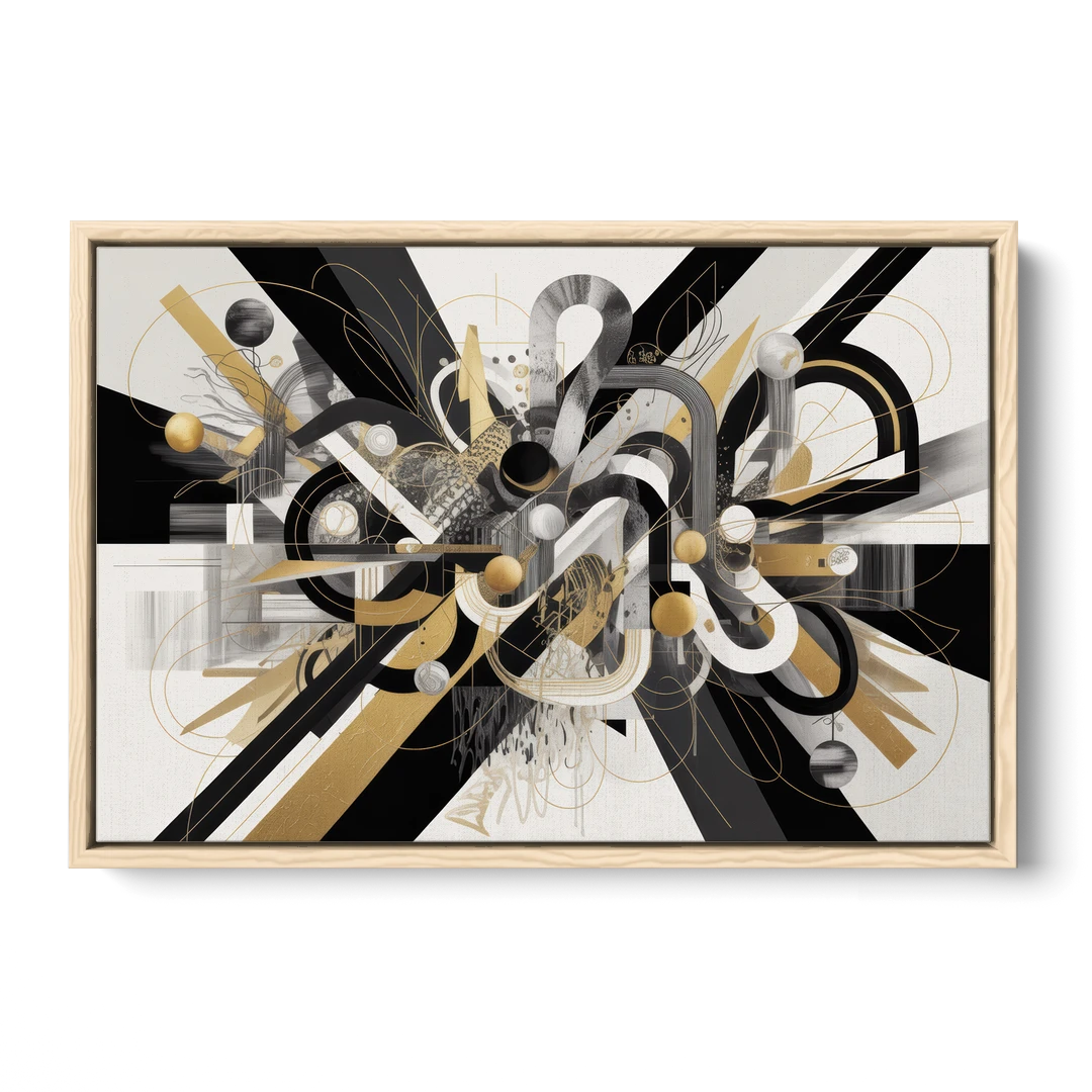 Opulent Geometric Dance Black White and Gold Abstract - Oak Framed Canvas Wall Art - Front