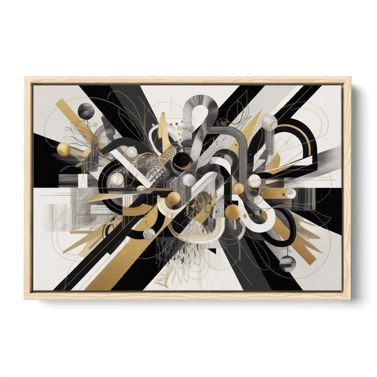Opulent Geometric Dance Black White and Gold Abstract - Oak Framed Canvas Wall Art - Front
