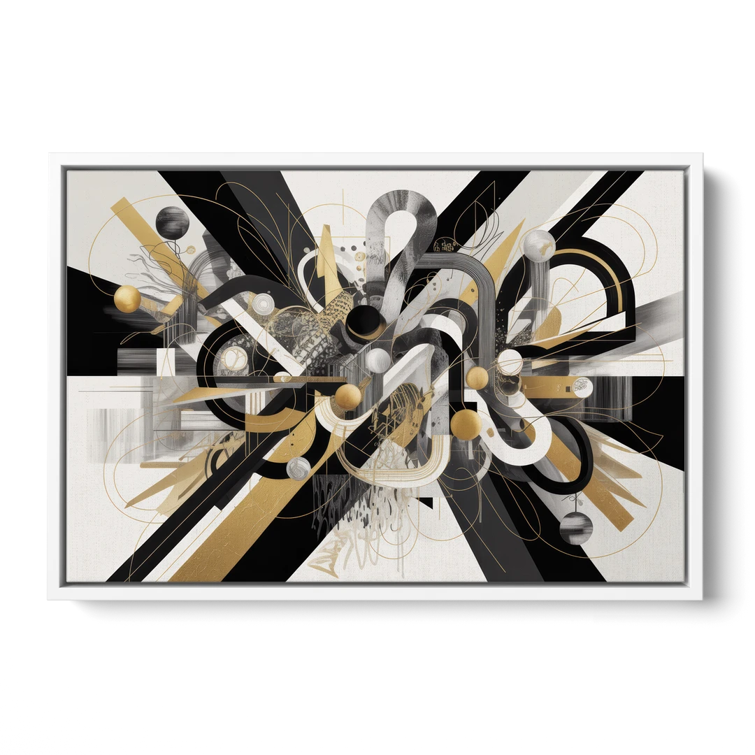 Opulent Geometric Dance Black White and Gold Abstract - White Framed Canvas Wall Art - Front