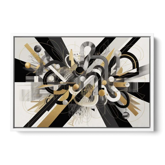 Opulent Geometric Dance Black White and Gold Abstract - White Framed Canvas Wall Art - Front