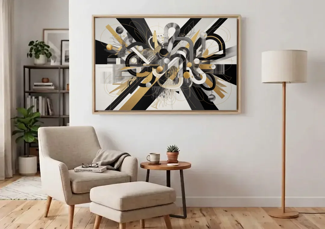 Opulent Geometric Dance Black White and Gold Abstract canvas wall art above an armchair in a bright living room