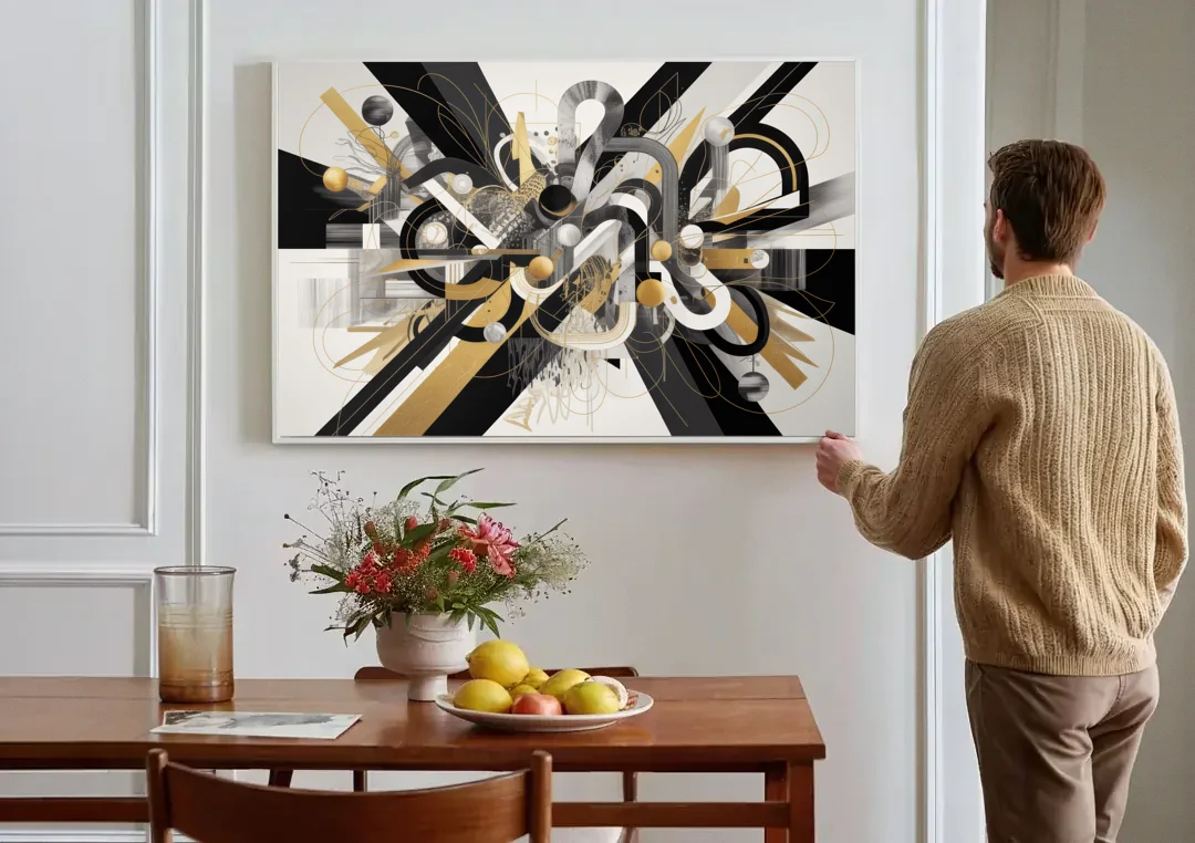 Opulent Geometric Dance Black White and Gold Abstract canvas wall art above a dining table