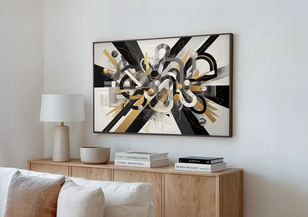 Opulent Geometric Dance Black White and Gold Abstract canvas wall art above a wooden sideboard next to a sofa