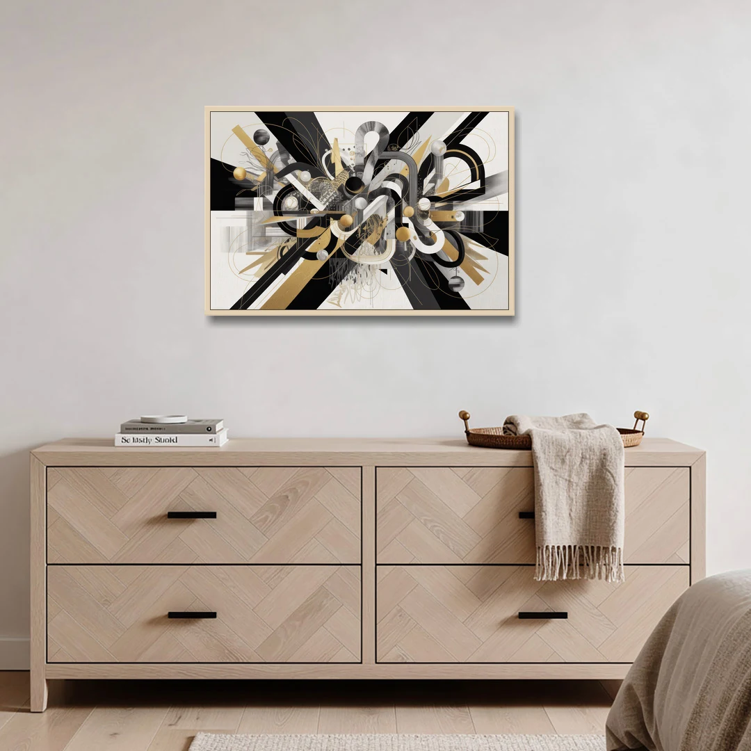 Opulent Geometric Dance Black White and Gold Abstract - Oak Framed Canvas Wall Art - Coffee Table - 36x24