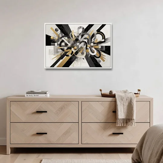 Opulent Geometric Dance Black White and Gold Abstract - White Framed Canvas Wall Art - Coffee Table - 36x24