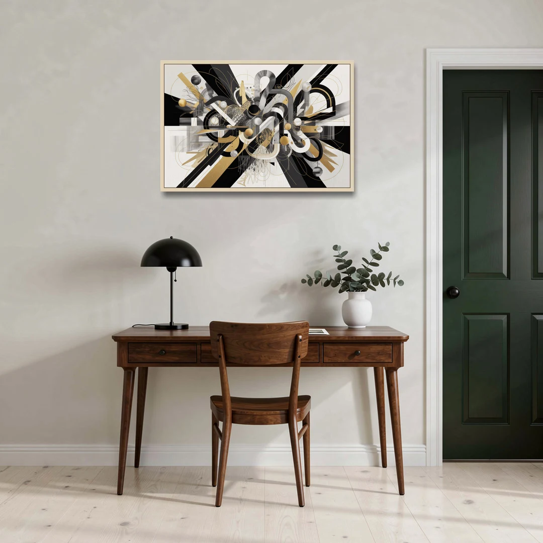 Opulent Geometric Dance Black White and Gold Abstract - Oak Framed Canvas Wall Art - Office - 36x24