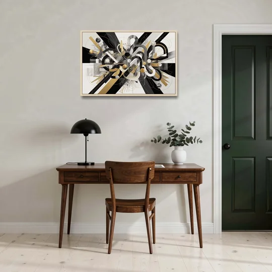 Opulent Geometric Dance Black White and Gold Abstract - Oak Framed Canvas Wall Art - Office - 36x24