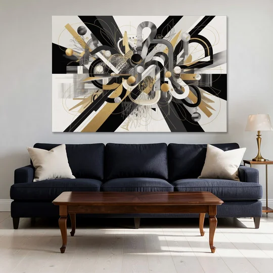 Opulent Geometric Dance Black White and Gold Abstract - Canvas Wall Art - Sofa - 60x40