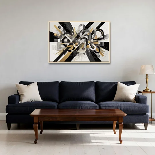 Opulent Geometric Dance Black White and Gold Abstract - Oak Framed Canvas Wall Art - Sofa - 36x24