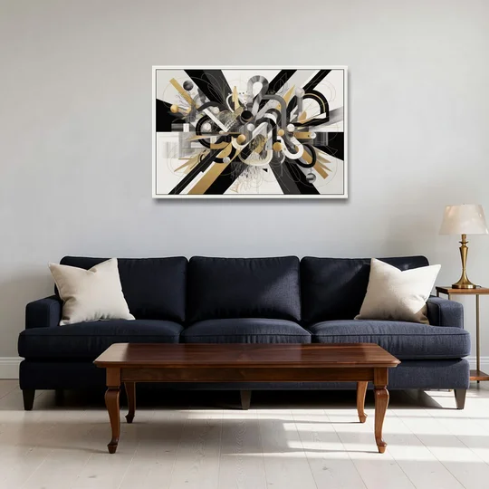 Opulent Geometric Dance Black White and Gold Abstract - White Framed Canvas Wall Art - Sofa - 36x24