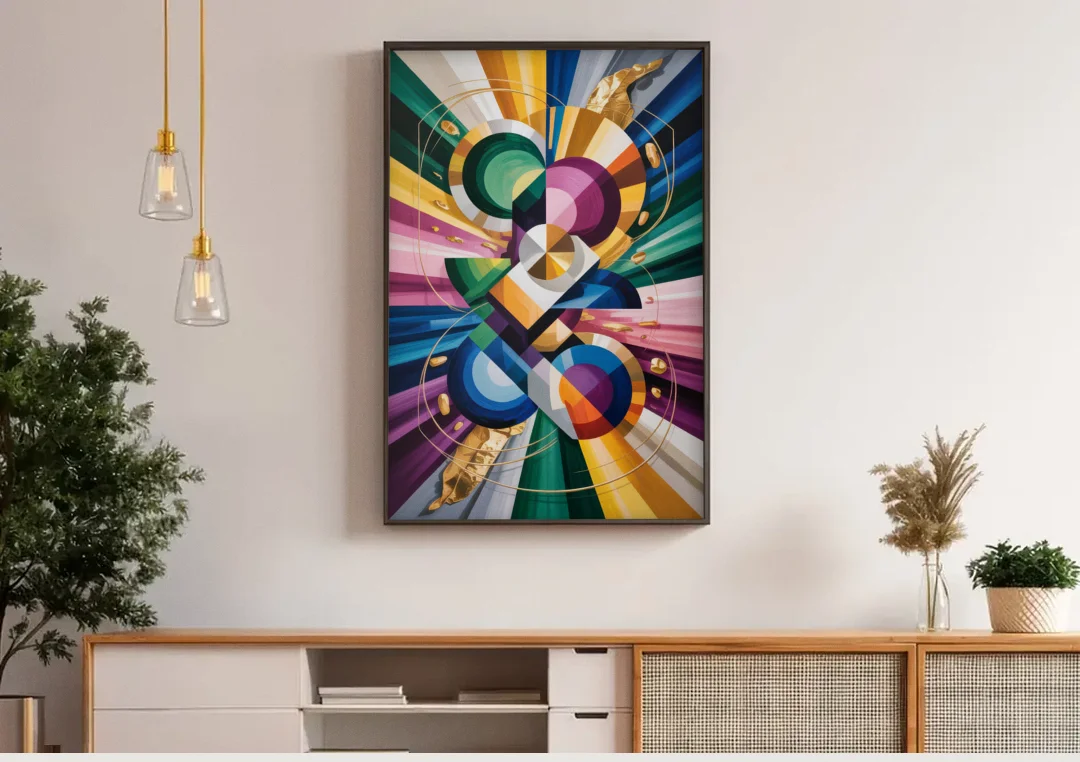 Opulent Geometric Symphony Colorful Abstract canvas wall art above a wooden sideboard under pendant lights