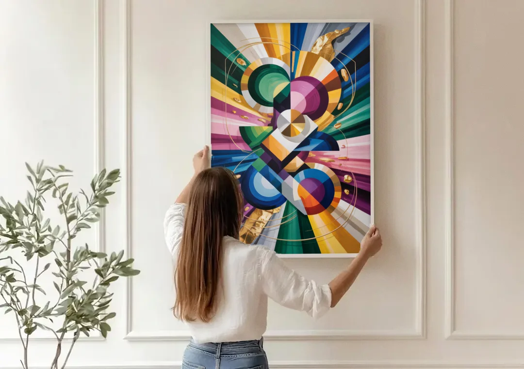 Opulent Geometric Symphony Colorful Abstract canvas wall art being hung on a paneled wall