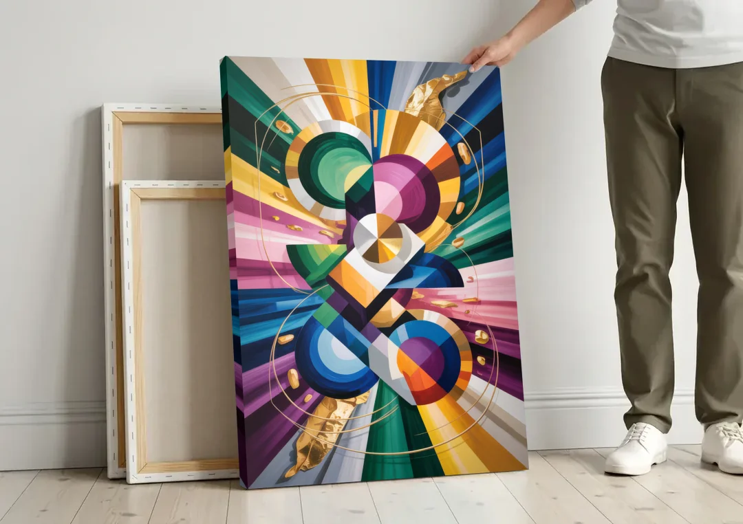 Opulent Geometric Symphony Colorful Abstract canvas wall art leaning against a wall next to blank canvases