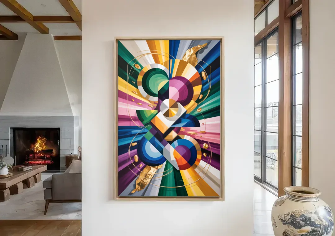 Opulent Geometric Symphony Colorful Abstract canvas wall art in a living room with a fireplace