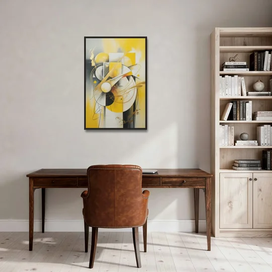 Opulent Geometric Yellow Abstract - Black Framed Canvas Wall Art - Office - 24x36