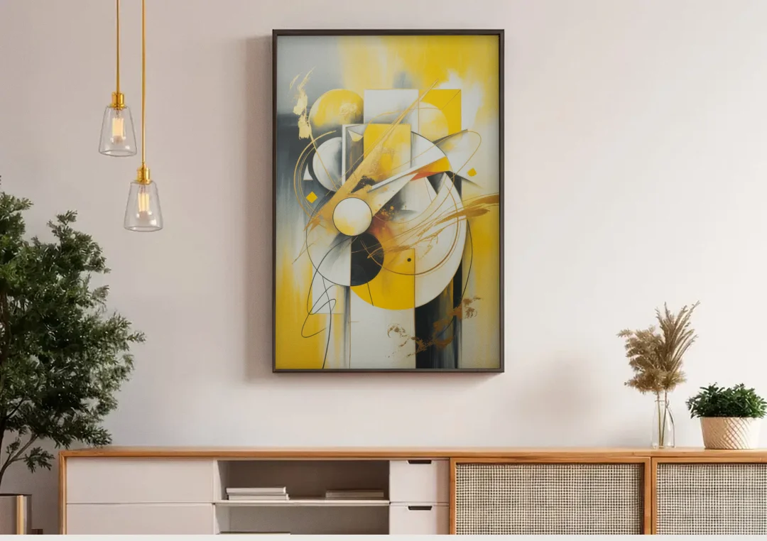 Opulent Geometric Yellow Abstract canvas wall art above a wooden sideboard under pendant lights
