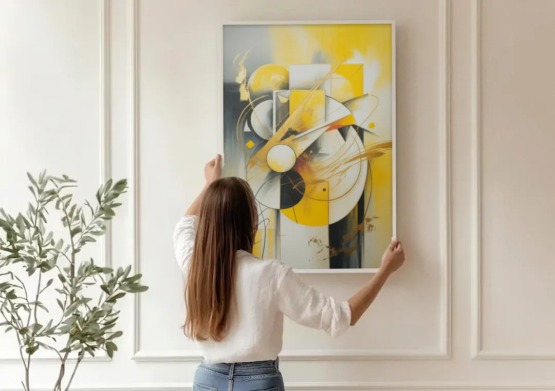 Opulent Geometric Yellow Abstract canvas wall art being hung on a paneled wall