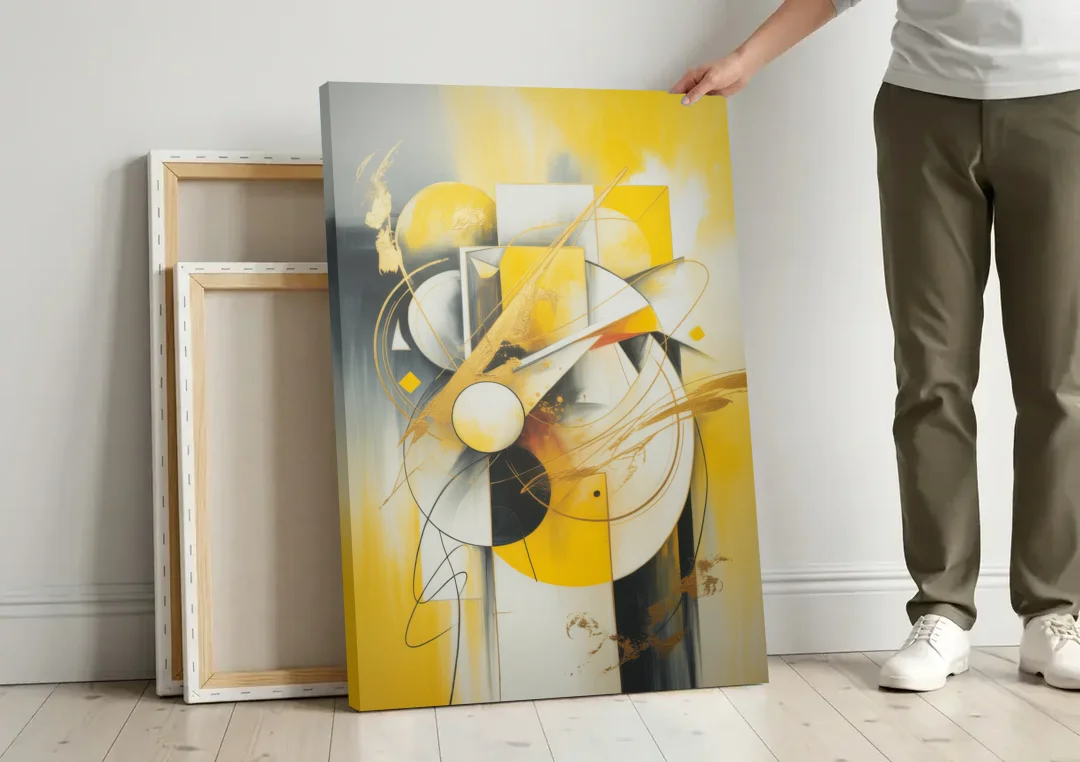 Opulent Geometric Yellow Abstract canvas wall art leaning against a wall next to blank canvases