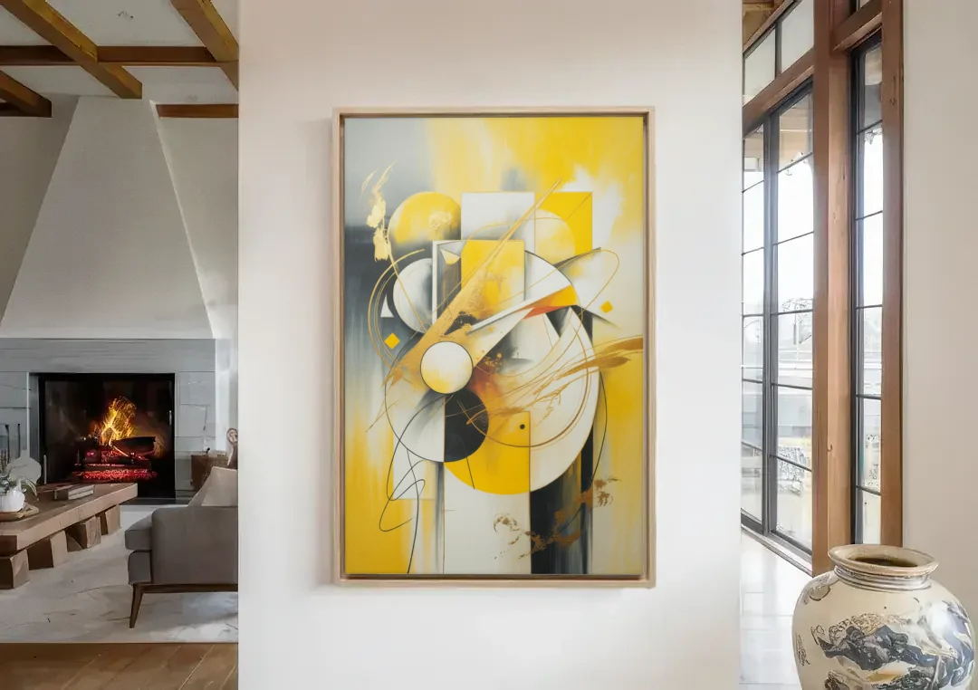 Opulent Geometric Yellow Abstract canvas wall art in a living room with a fireplace
