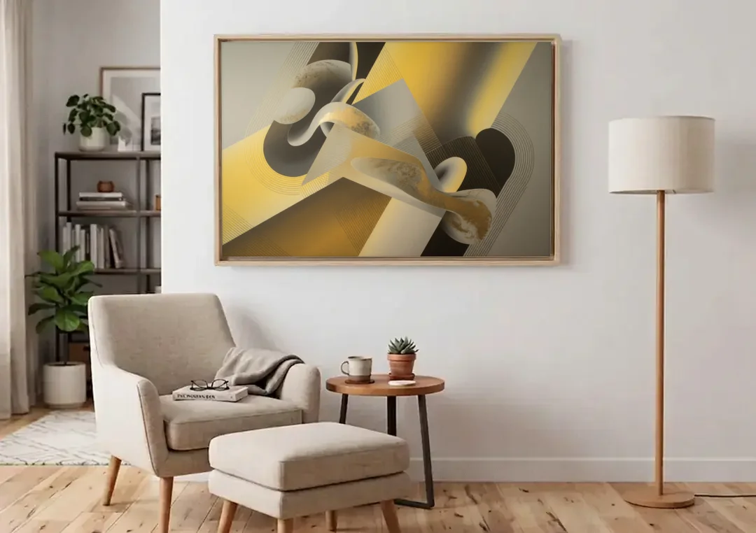 Opulent Geometrics Yellow and Grey Abstract canvas wall art above an armchair in a bright living room