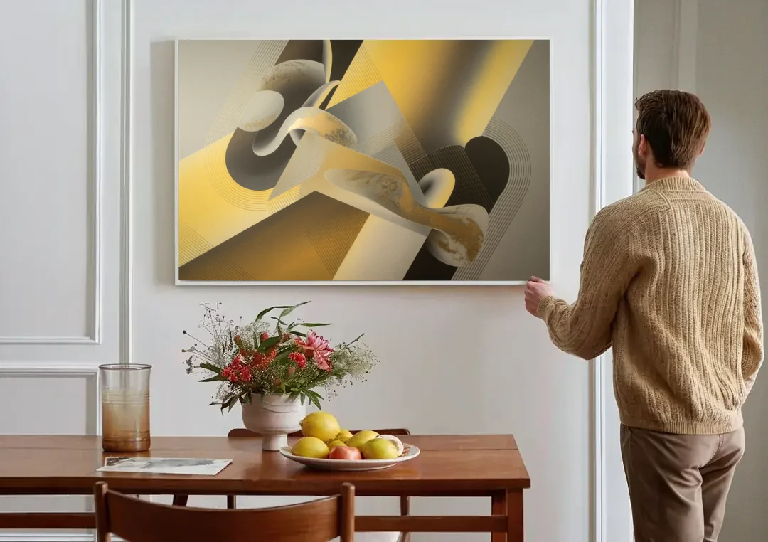 Opulent Geometrics Yellow and Grey Abstract canvas wall art above a dining table