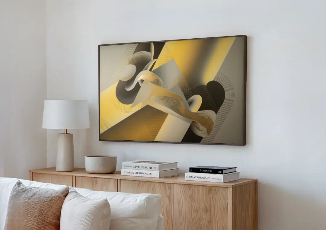 Opulent Geometrics Yellow and Grey Abstract canvas wall art above a wooden sideboard next to a sofa