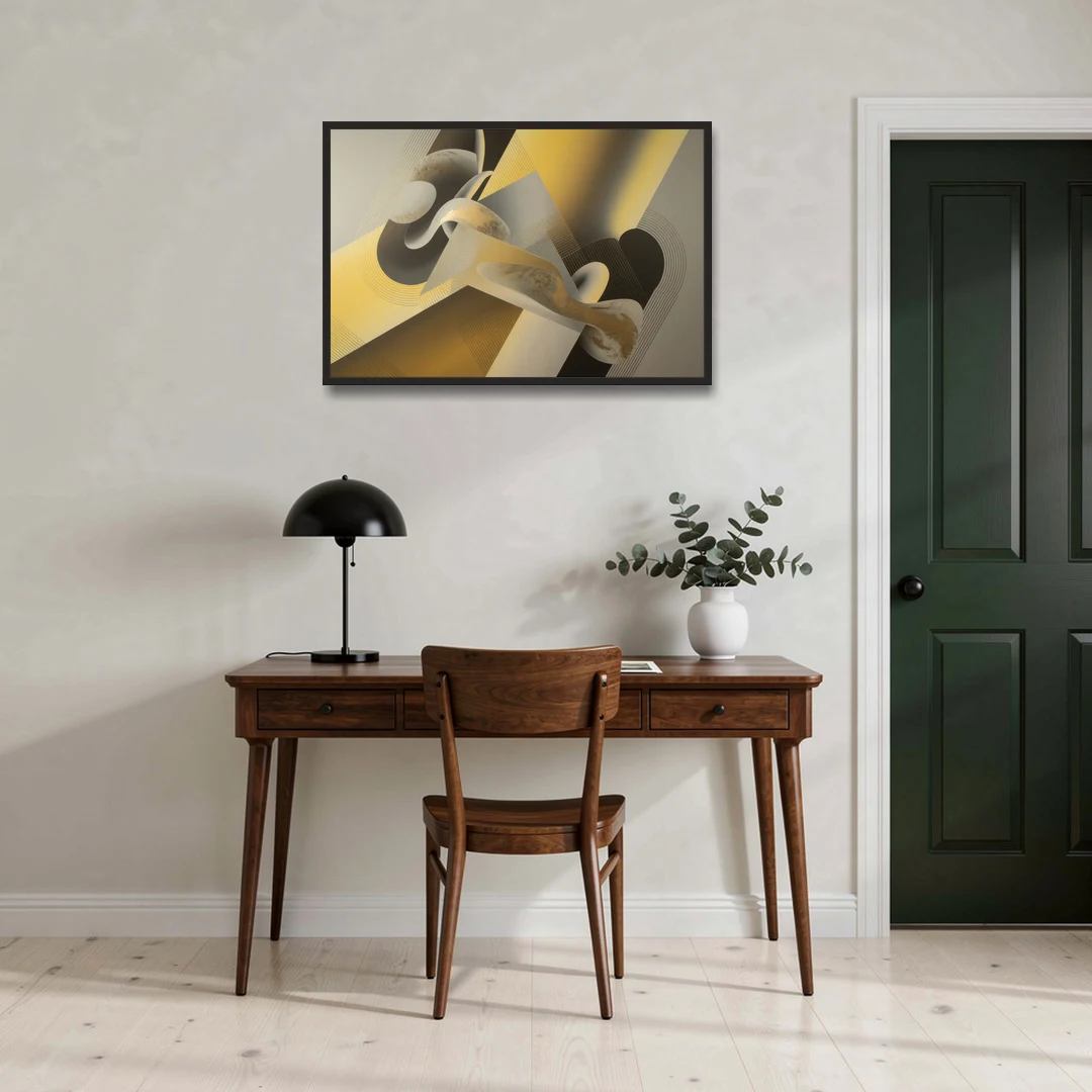Opulent Geometrics Yellow and Grey Abstract - Black Framed Canvas Wall Art - Office - 36x24