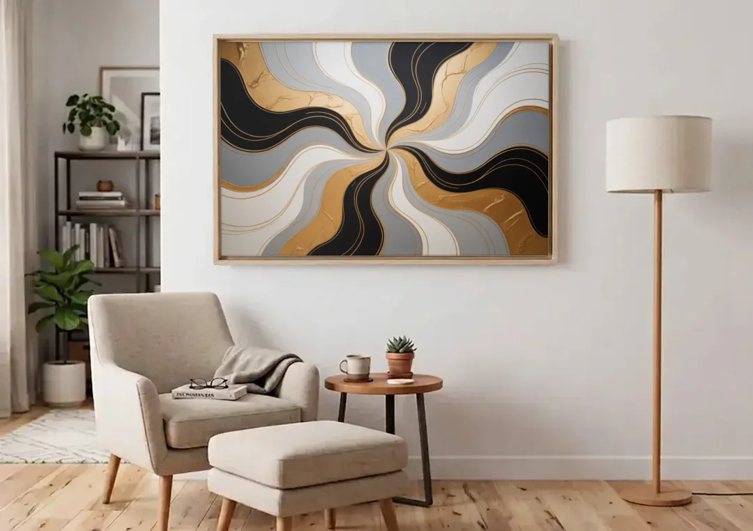 Opulent Geometry Black White and Gold Abstract canvas wall art above an armchair in a bright living room