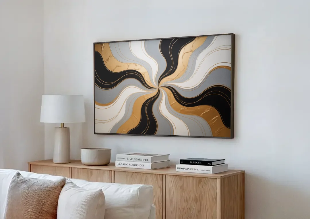 Opulent Geometry Black White and Gold Abstract canvas wall art above a wooden sideboard next to a sofa