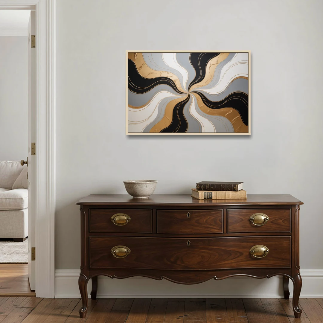 Opulent Geometry Black White and Gold Abstract - Oak Framed Canvas Wall Art - Coffee Table - 36x24