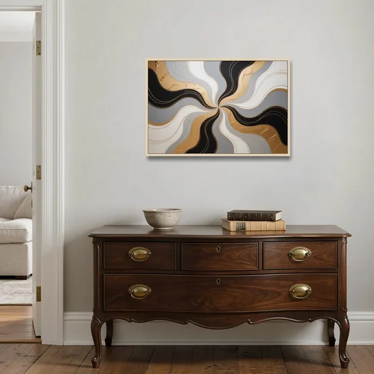 Opulent Geometry Black White and Gold Abstract - Oak Framed Canvas Wall Art - Coffee Table - 36x24