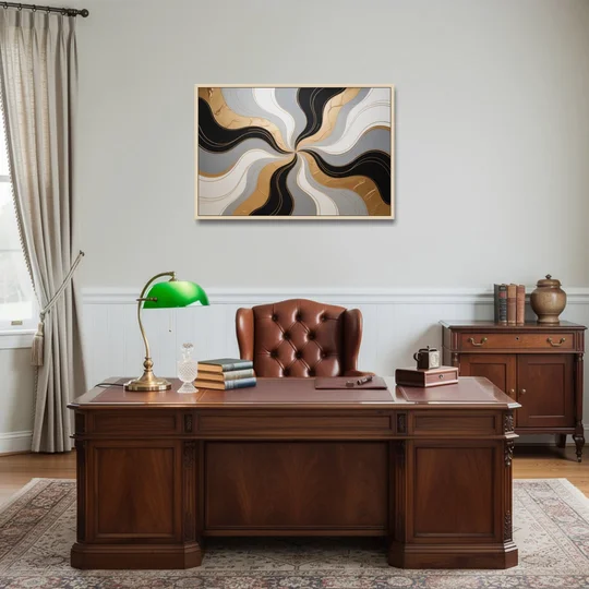 Opulent Geometry Black White and Gold Abstract - Oak Framed Canvas Wall Art - Office - 36x24