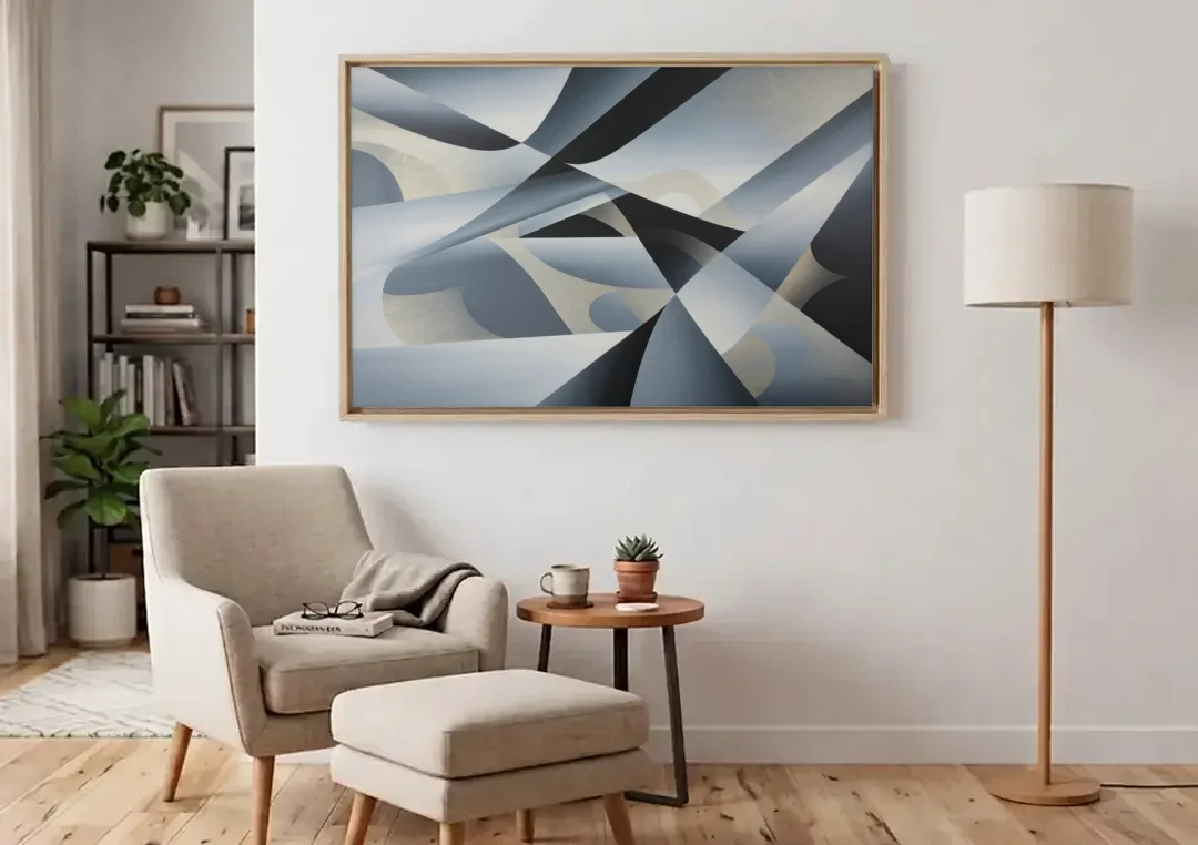 Opulent Geometry Grey and Silver Abstract canvas wall art above an armchair in a bright living room