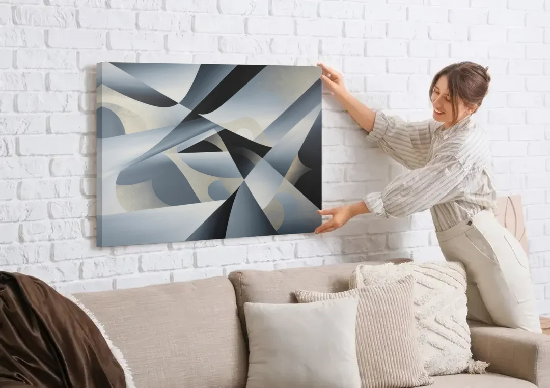 Opulent Geometry Grey and Silver Abstract canvas wall art being hung on a white brick wall above a sofa