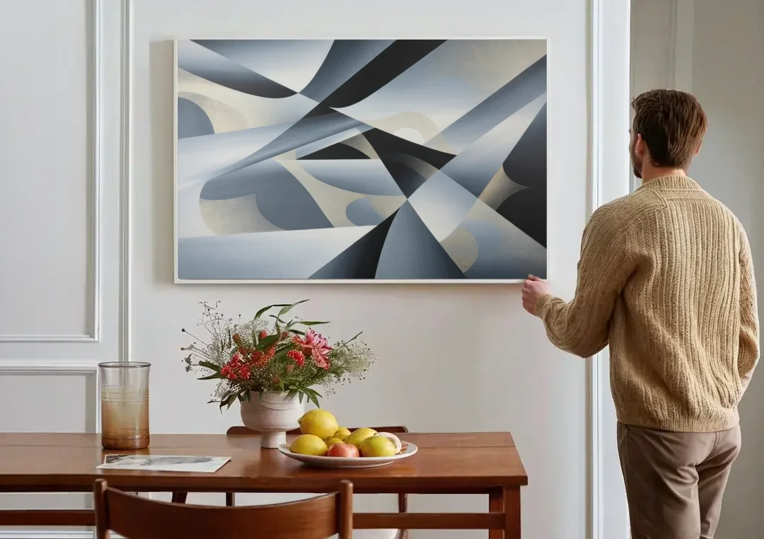Opulent Geometry Grey and Silver Abstract canvas wall art above a dining table