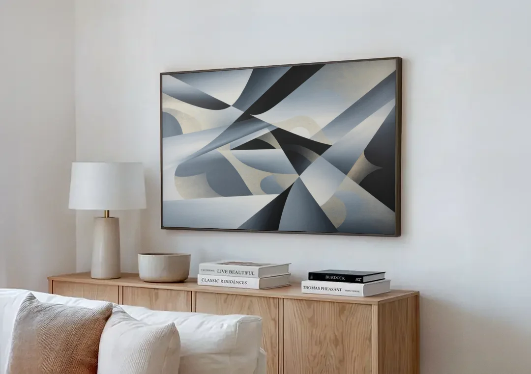 Opulent Geometry Grey and Silver Abstract canvas wall art above a wooden sideboard next to a sofa