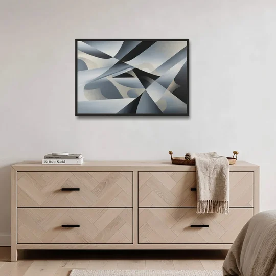 Opulent Geometry Grey and Silver Abstract - Black Framed Canvas Wall Art - Coffee Table - 36x24