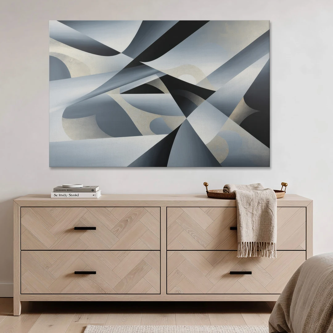 Opulent Geometry Grey and Silver Abstract - Canvas Wall Art - Coffee Table - 60x40