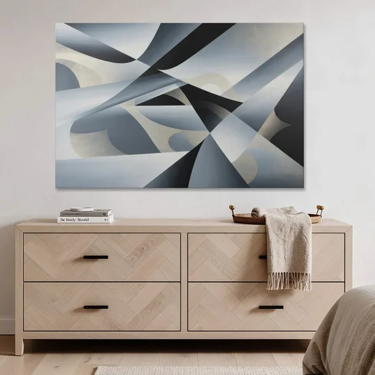 Opulent Geometry Grey and Silver Abstract - Canvas Wall Art - Coffee Table - 60x40