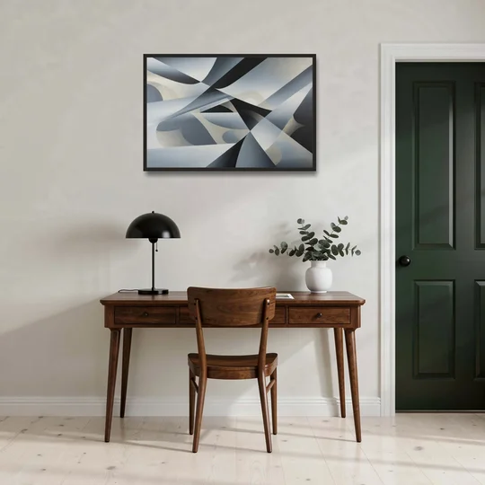 Opulent Geometry Grey and Silver Abstract - Black Framed Canvas Wall Art - Office - 36x24