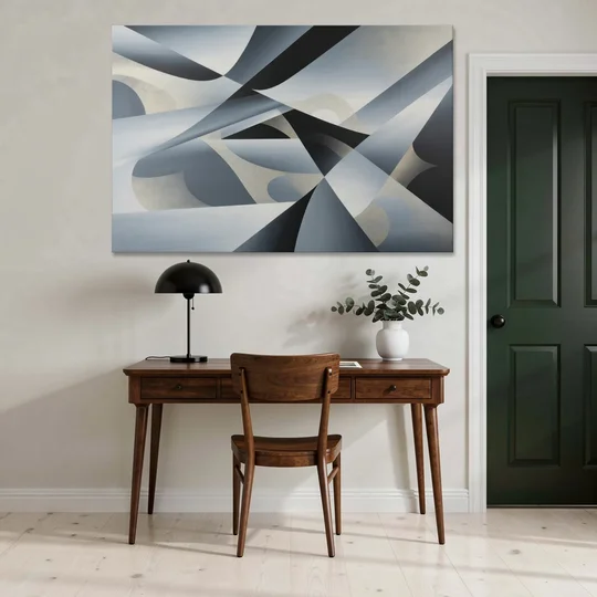 Opulent Geometry Grey and Silver Abstract - Canvas Wall Art - Office - 60x40