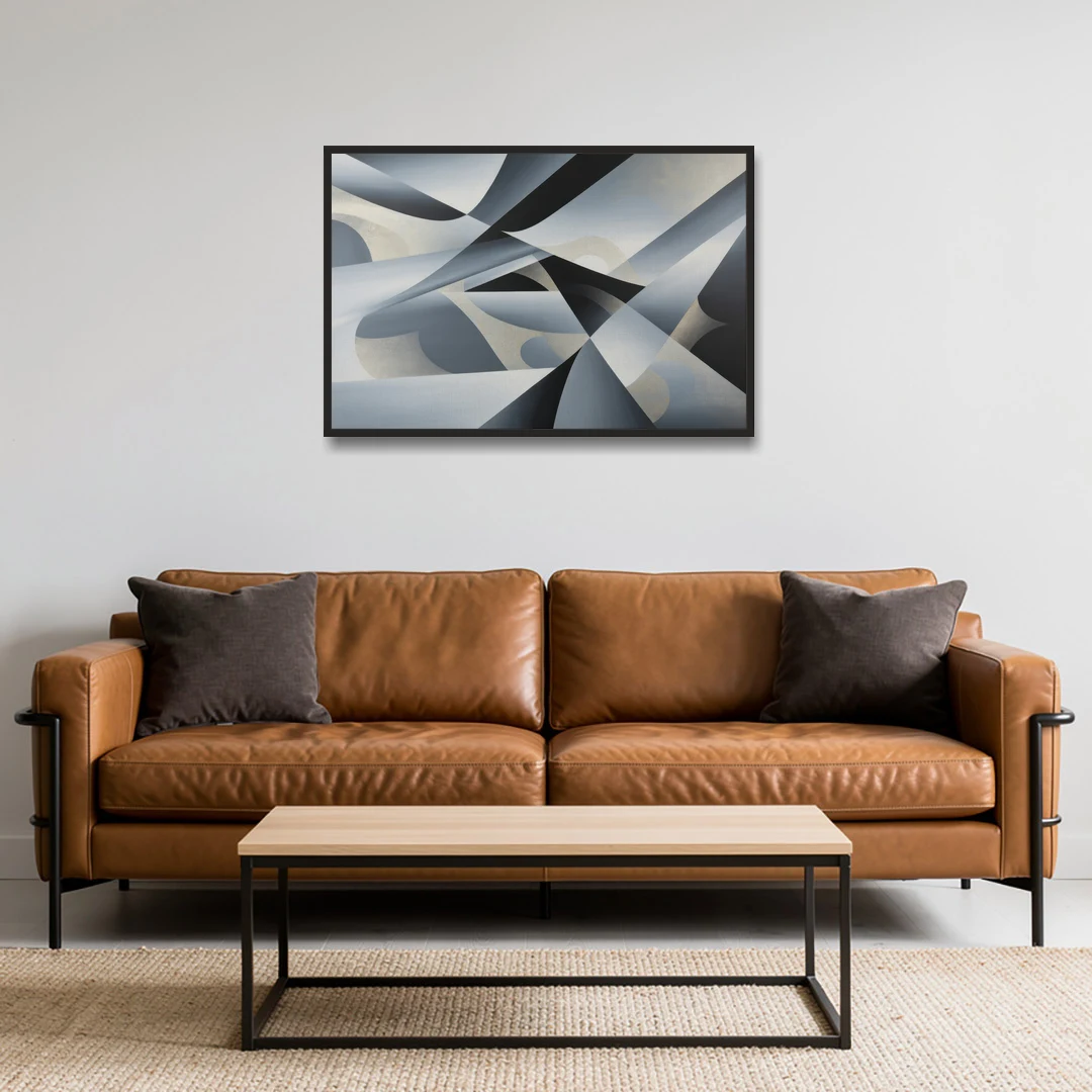 Opulent Geometry Grey and Silver Abstract - Black Framed Canvas Wall Art - Sofa - 36x24