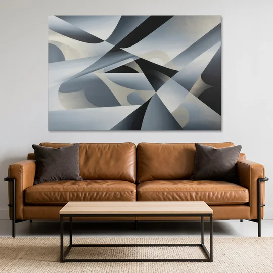 Opulent Geometry Grey and Silver Abstract - Canvas Wall Art - Sofa - 60x40