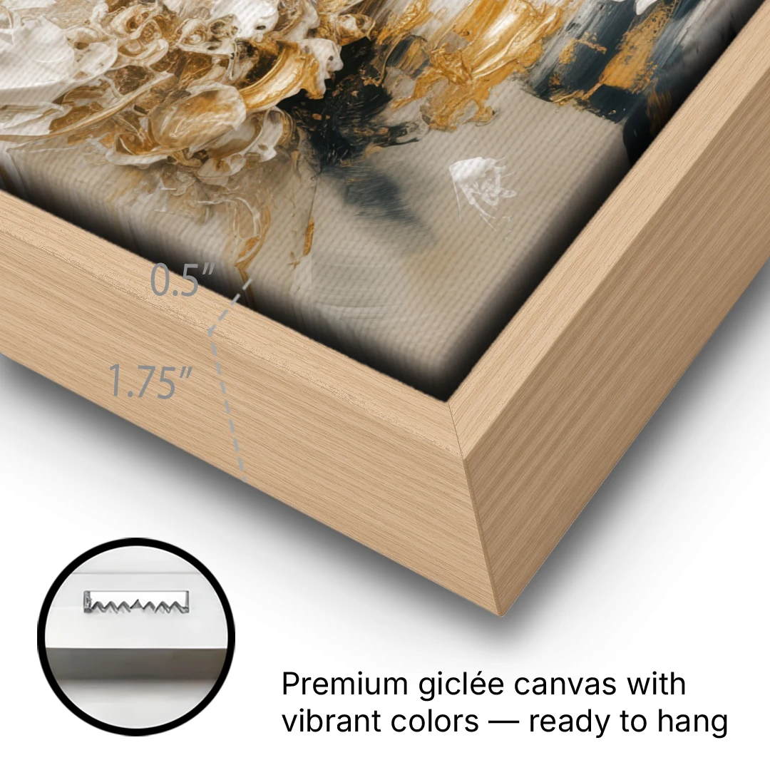 Opulent Gestures White and Gold - Oak Framed Canvas Wall Art - Gallery Wrap Corner