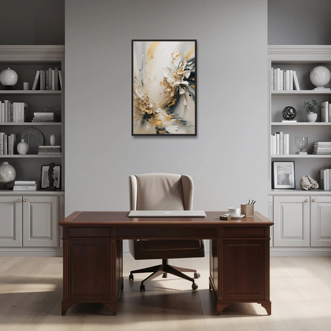 Opulent Gestures White and Gold - Black Framed Canvas Wall Art - Office - 24x36
